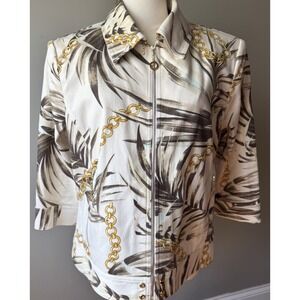 St John Sport 2Pc Knit Suit Jacket Pants Sz 16 Chain Print Beige Brown Collar